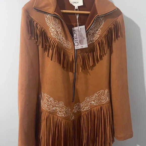 Western Style Embroidered Tassel Long Sleeve Brown Mini Dress - Medium NWT - Picture 5 of 6